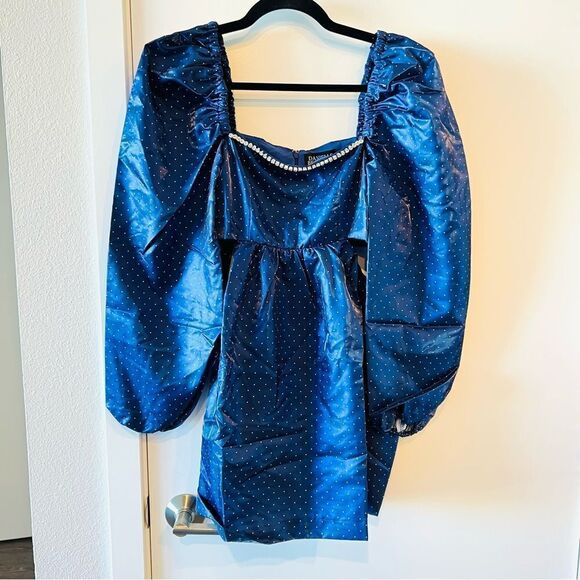 NWT WeWoreWhat Danielle Bernstein Puff Sleeve Dot Cut Out Rhinestone Mini Dress - Picture 3 of 7